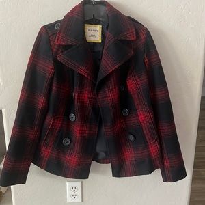Black and red plaid pea coat